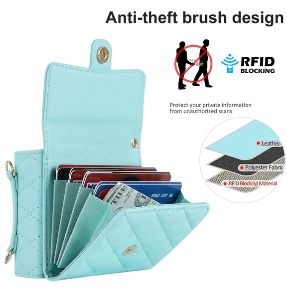 For OPPO Find N2 Flip Rhombic Texture Card Bag PU Phone Case with Long Lanyard(Mint Green)