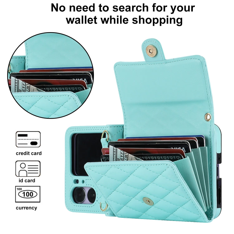 For OPPO Find N2 Flip Rhombic Texture Card Bag PU Phone Case with Long Lanyard(Mint Green)