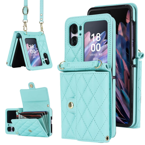 For OPPO Find N2 Flip Rhombic Texture Card Bag PU Phone Case with Long Lanyard(Mint Green)