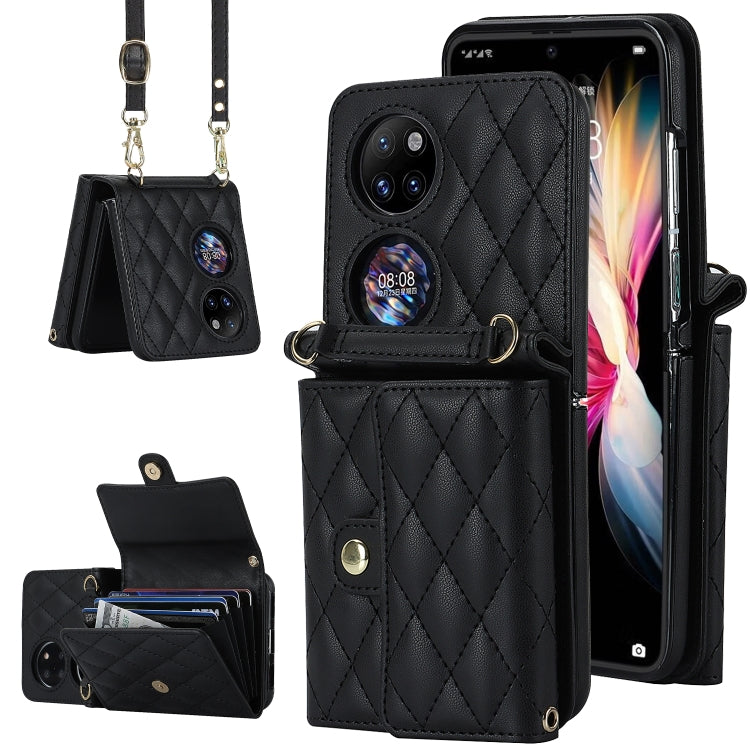 For Huawei P50 Pocket Rhombic Texture Card Bag PU Phone Case with Long Lanyard(Black)