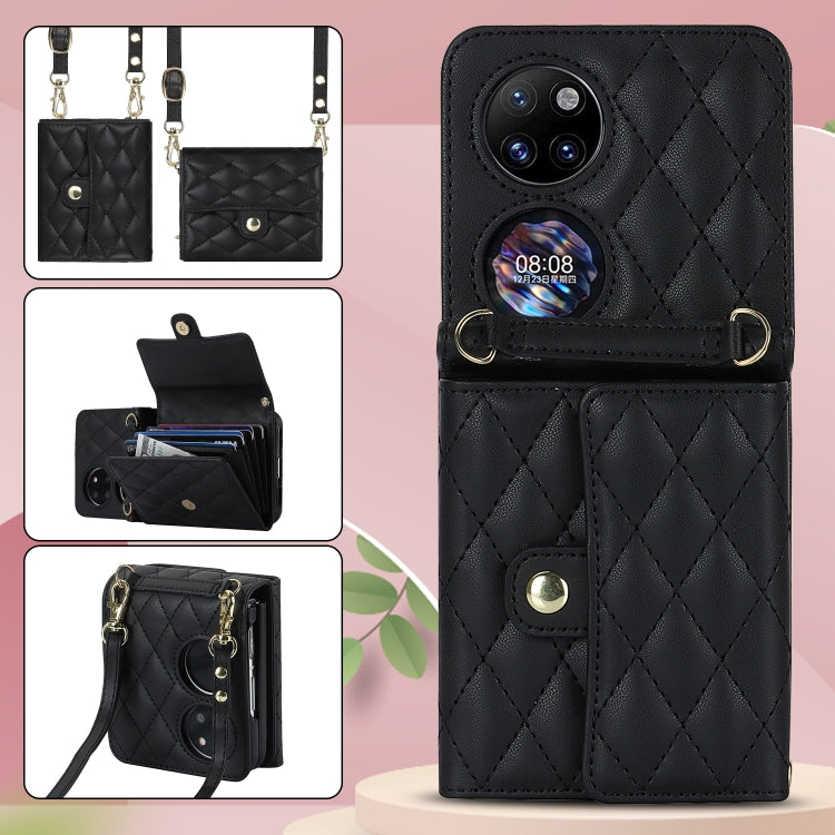 For Huawei P50 Pocket Rhombic Texture Card Bag PU Phone Case with Long Lanyard(Black)