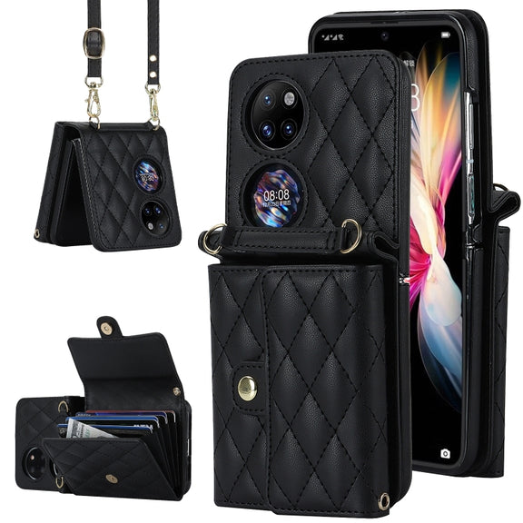 For Huawei P50 Pocket Rhombic Texture Card Bag PU Phone Case with Long Lanyard(Black)