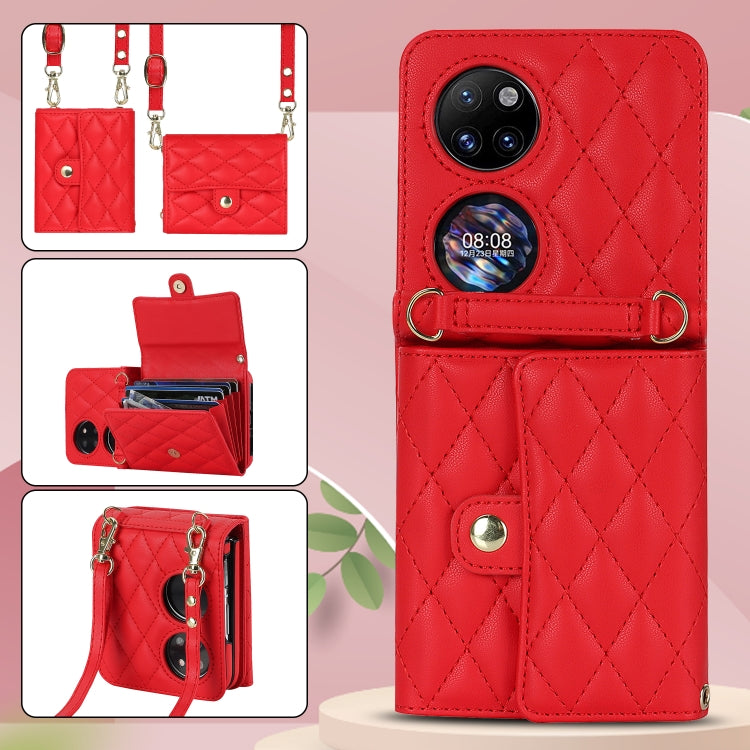 For Huawei P50 Pocket Rhombic Texture Card Bag PU Phone Case with Long Lanyard(Red)