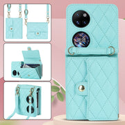 For Huawei P50 Pocket Rhombic Texture Card Bag PU Phone Case with Long Lanyard(Mint Green)