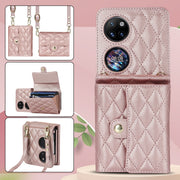For Huawei P50 Pocket Rhombic Texture Card Bag PU Phone Case with Long Lanyard(Rose Gold)