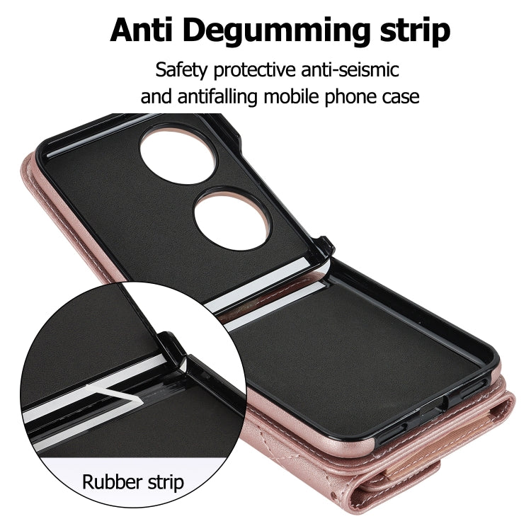 For Huawei P50 Pocket Rhombic Texture Card Bag PU Phone Case with Long Lanyard(Rose Gold)