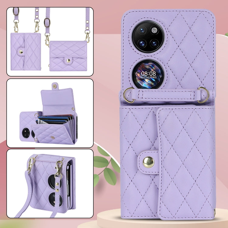 For Huawei P50 Pocket Rhombic Texture Card Bag PU Phone Case with Long Lanyard(Purple)