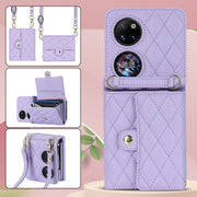 For Huawei P50 Pocket Rhombic Texture Card Bag PU Phone Case with Long Lanyard(Purple)