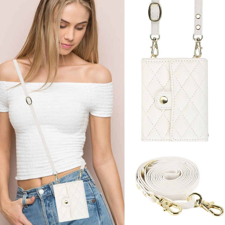 For Huawei P50 Pocket Rhombic Texture Card Bag PU Phone Case with Long Lanyard(White)