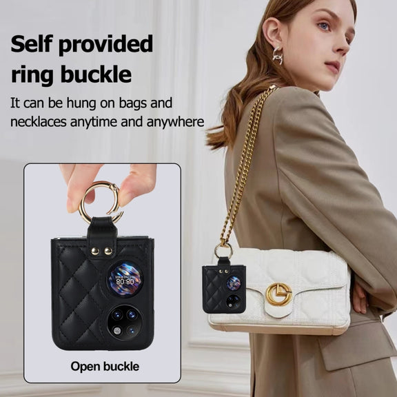 For Huawei P50 Pocket Rhombic Microfiber Folding Phone Case with Ring(Black)