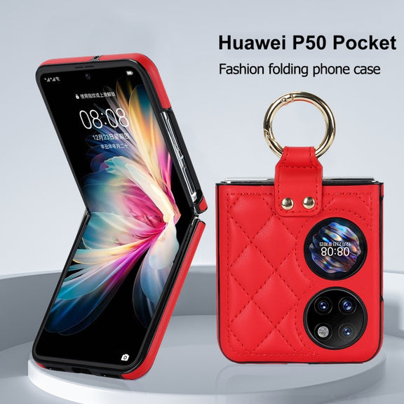 For Huawei P50 Pocket Rhombic Microfiber Folding Phone Case with Ring(Red)