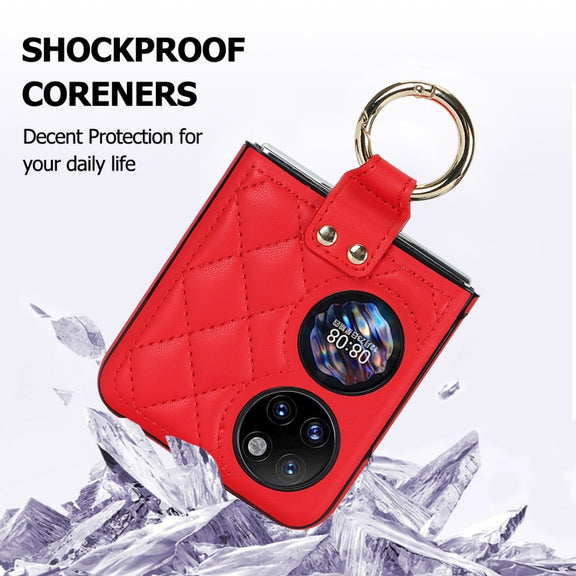 For Huawei P50 Pocket Rhombic Microfiber Folding Phone Case with Ring(Red)
