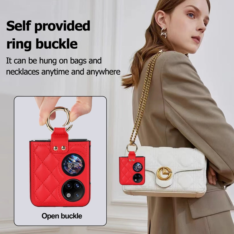 For Huawei P50 Pocket Rhombic Microfiber Folding Phone Case with Ring(Red)