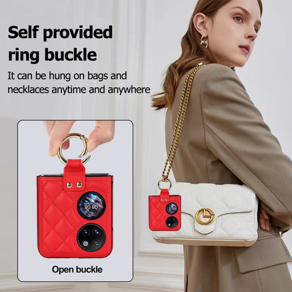 For Huawei P50 Pocket Rhombic Microfiber Folding Phone Case with Ring(Red)