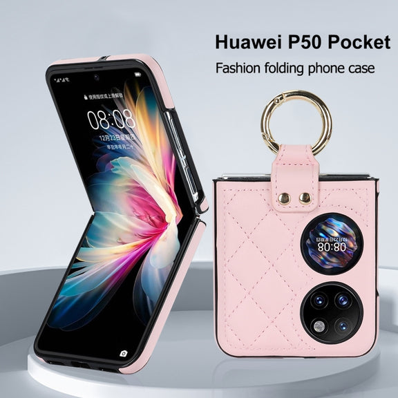 For Huawei P50 Pocket Rhombic Microfiber Folding Phone Case with Ring(Pink)