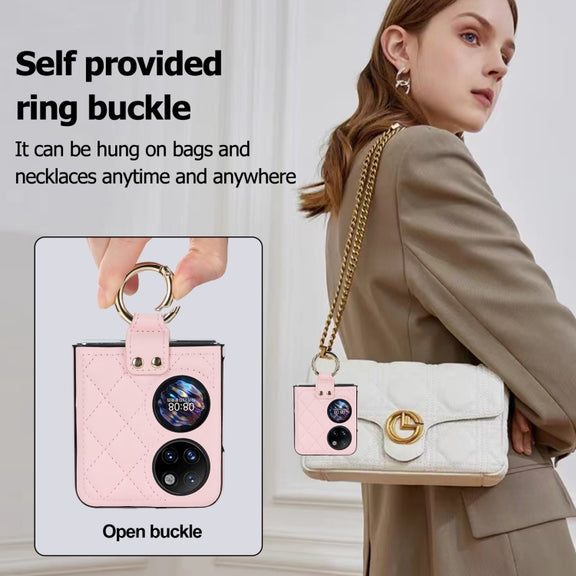 For Huawei P50 Pocket Rhombic Microfiber Folding Phone Case with Ring(Pink)