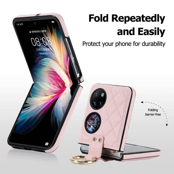 For Huawei P50 Pocket Rhombic Microfiber Folding Phone Case with Ring(Pink)