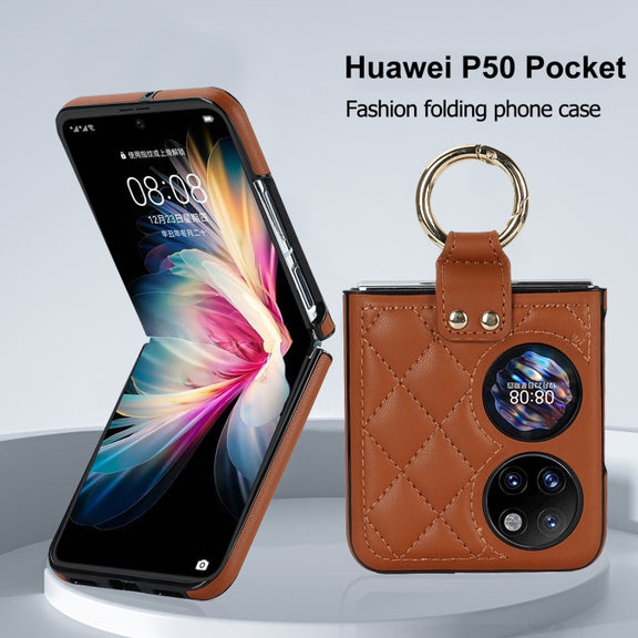 For Huawei P50 Pocket Rhombic Microfiber Folding Phone Case with Ring(Brown)