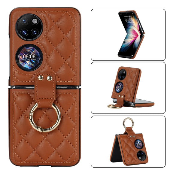 For Huawei P50 Pocket Rhombic Microfiber Folding Phone Case with Ring(Brown)