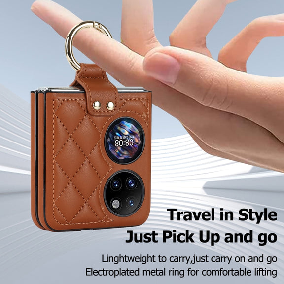 For Huawei P50 Pocket Rhombic Microfiber Folding Phone Case with Ring(Brown)