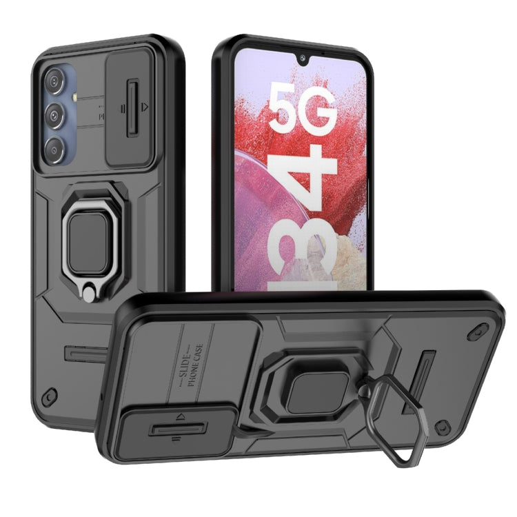 For Samsung Galaxy M34 5G India Sliding Camshield TPU + PC Shockproof Phone Case with Holder(Black)