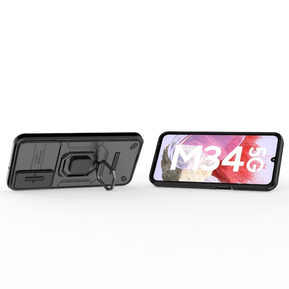 For Samsung Galaxy M34 5G India Sliding Camshield TPU + PC Shockproof Phone Case with Holder(Black)