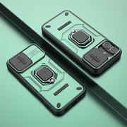 For iPhone 16 Plus Sliding Camshield TPU + PC Shockproof Phone Case with Holder(Green)