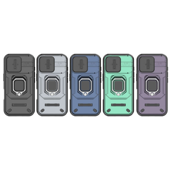 For iPhone 16 Sliding Camshield TPU + PC Shockproof Phone Case with Holder(Purple)