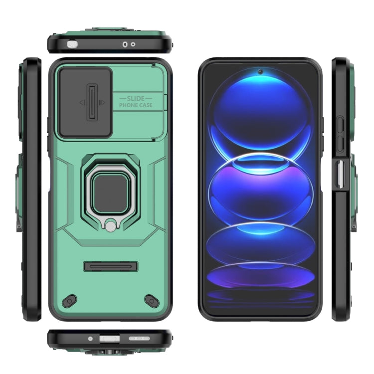 For Xiaomi Redmi Note 12 5G Global Sliding Camshield TPU + PC Shockproof Phone Case with Holder(Green)