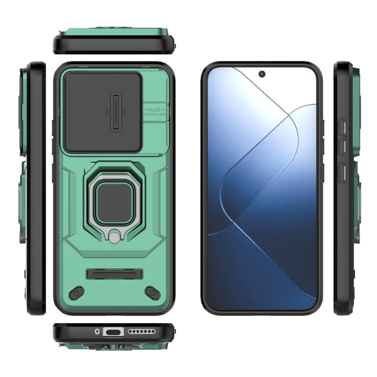 For Xiaomi 14 Sliding Camshield TPU + PC Shockproof Phone Case with Holder(Green)