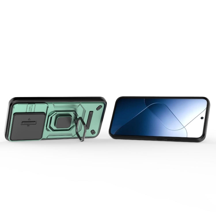 For Xiaomi 14 Sliding Camshield TPU + PC Shockproof Phone Case with Holder(Green)