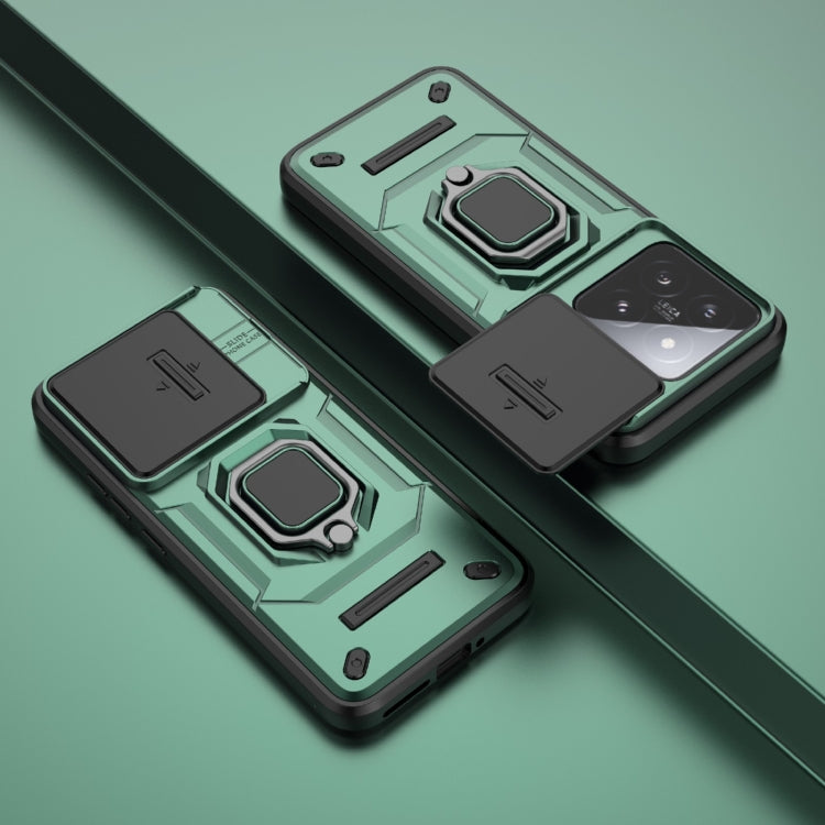 For Xiaomi 14 Sliding Camshield TPU + PC Shockproof Phone Case with Holder(Green)