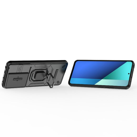 For Xiaomi Redmi Note 13 4G Global Sliding Camshield TPU + PC Shockproof Phone Case with Holder(Black)