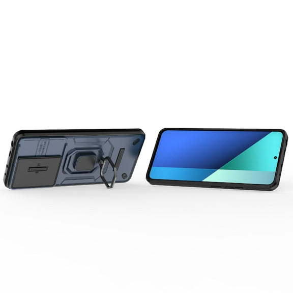 For Xiaomi Redmi Note 13 4G Global Sliding Camshield TPU + PC Shockproof Phone Case with Holder(Blue)