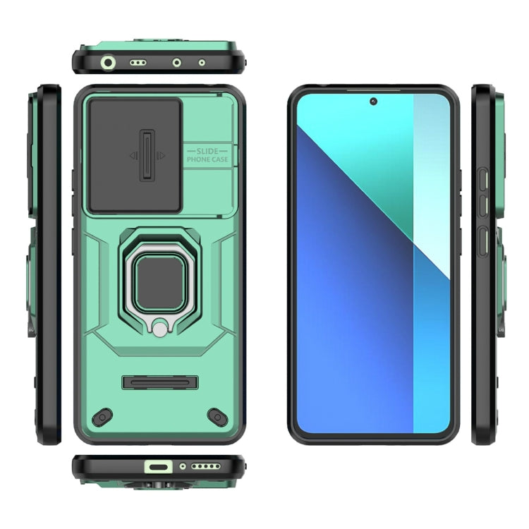 For Xiaomi Redmi Note 13 4G Global Sliding Camshield TPU + PC Shockproof Phone Case with Holder(Green)