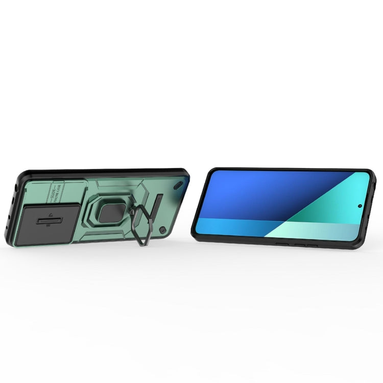 For Xiaomi Redmi Note 13 4G Global Sliding Camshield TPU + PC Shockproof Phone Case with Holder(Green)