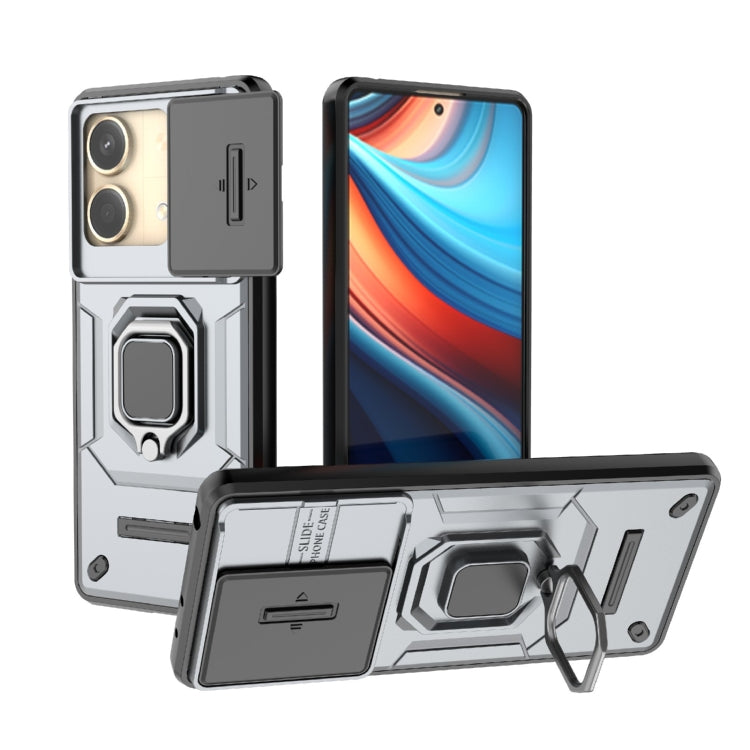 For Xiaomi Redmi Note 13R Pro 5G Sliding Camshield TPU + PC Shockproof Phone Case with Holder(Grey)