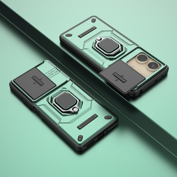 For Xiaomi Redmi Note 13R Pro 5G Sliding Camshield TPU + PC Shockproof Phone Case with Holder(Green)