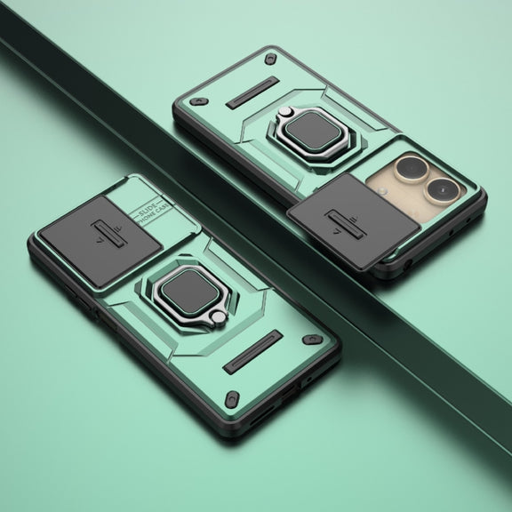 For Xiaomi Redmi Note 13R Pro 5G Sliding Camshield TPU + PC Shockproof Phone Case with Holder(Green)