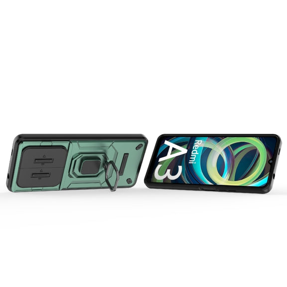 For Xiaomi Redmi A3 4G Global Sliding Camshield TPU + PC Shockproof Phone Case with Holder(Green)