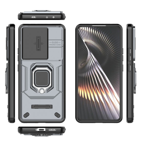 For Xiaomi Redmi Turbo 3 5G Sliding Camshield TPU + PC Shockproof Phone Case with Holder(Grey)