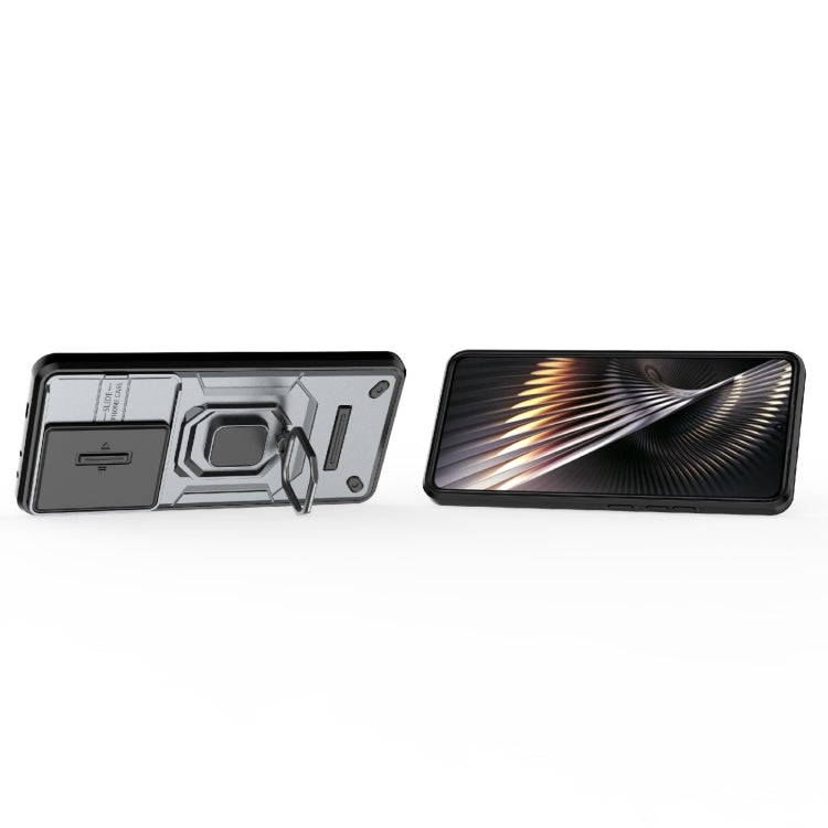 For Xiaomi Redmi Turbo 3 5G Sliding Camshield TPU + PC Shockproof Phone Case with Holder(Grey)