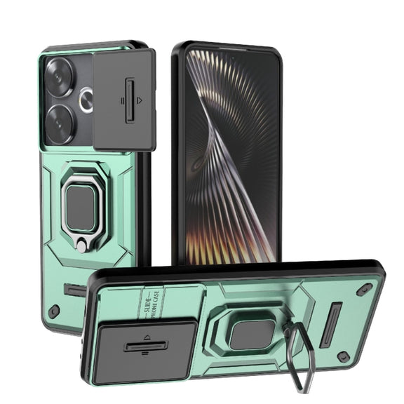For Xiaomi Redmi Turbo 3 5G Sliding Camshield TPU + PC Shockproof Phone Case with Holder(Green)