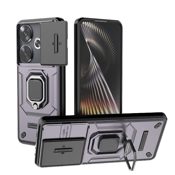 For Xiaomi Redmi Turbo 3 5G Sliding Camshield TPU + PC Shockproof Phone Case with Holder(Purple)
