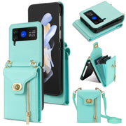 For Samsung Galaxy Z Flip4 Zipper Card Slots Folding Phone Case with Long Lanyard(Mint Green)