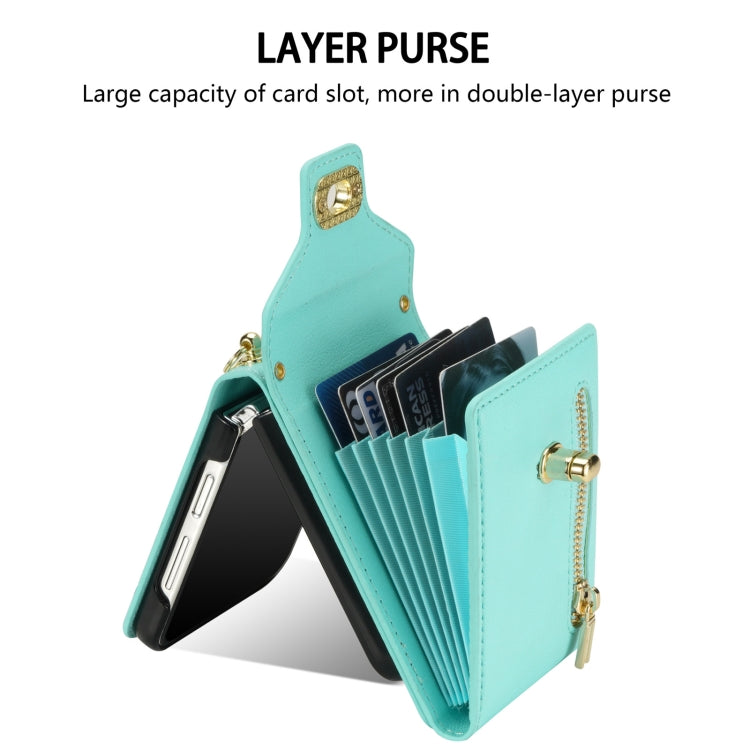 For Samsung Galaxy Z Flip4 Zipper Card Slots Folding Phone Case with Long Lanyard(Mint Green)