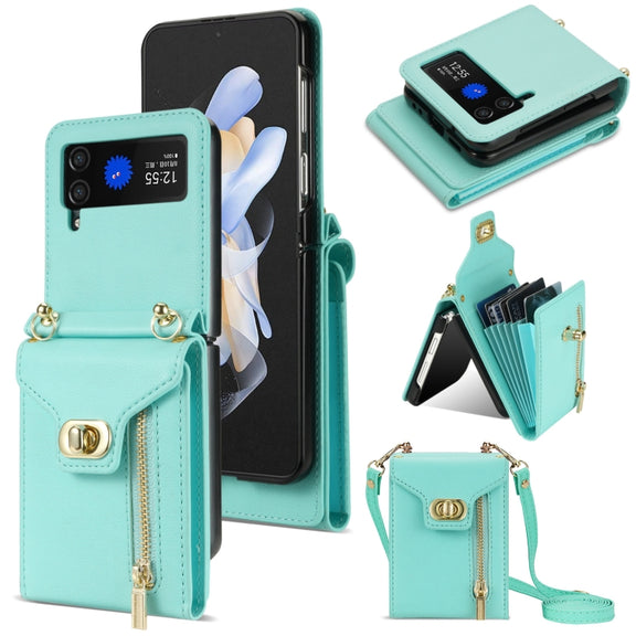 For Samsung Galaxy Z Flip4 Zipper Card Slots Folding Phone Case with Long Lanyard(Mint Green)