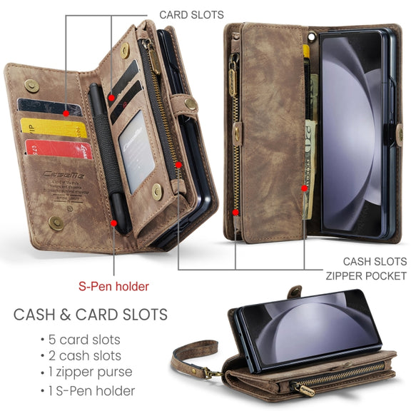 For Samsung Galaxy Z Fold5 CaseMe 008 Multifunctional Zipper Wallet Phone Leather Case(Brown)