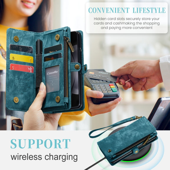 For Samsung Galaxy Z Fold5 CaseMe 008 Multifunctional Zipper Wallet Phone Leather Case(Blue)