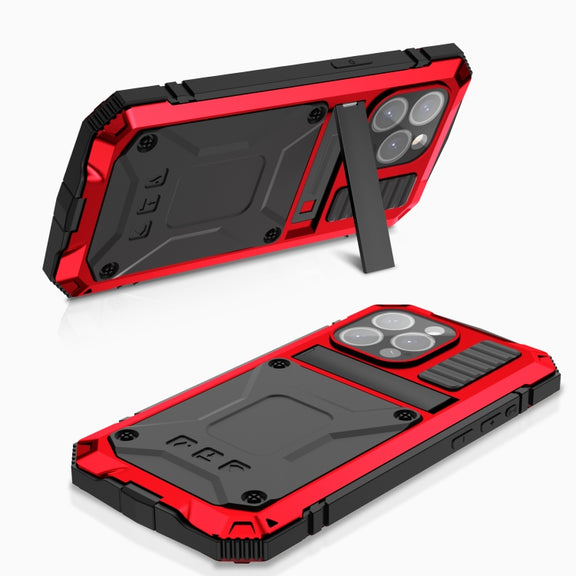 For iPhone 15 Pro Max R-JUST Shockproof Life Water-resistant Dust-proof Metal + Silicone Phone Case with Holder(Red)